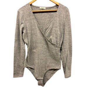 Madewell‎ Wrap Front Bodysuit Women’s XL Gray Long Sleeve Stretch Cotton Blend